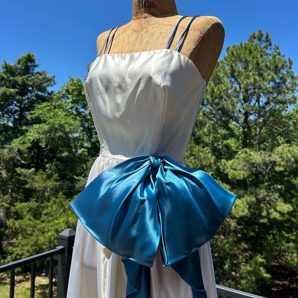 Vintage 80s Ivory + Aqua Satin Ruffled Giant Bow Maxi Prom Gown XS S